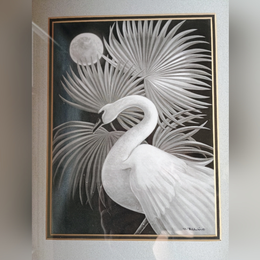 Vintage 80s Framed Art Deco Print Featuring A Night Scene Swan, Moon, & Palms. - Picture 2 of 9